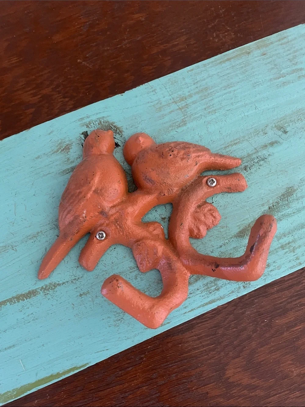 Rustic Minty color Wall Hook wood Panel with Orange Bird Hooks